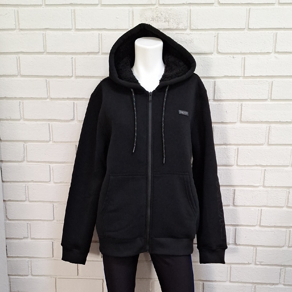 DKNY Black Fuzzy Lined Drawstring Hooded Jacket W/ Logo. Size Medium NWT